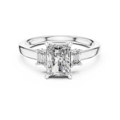 1.50Ct Radiant Three-Stone Engagement Ring • Emerald Side Stones • Rose Gold Dainty Diamond Ring