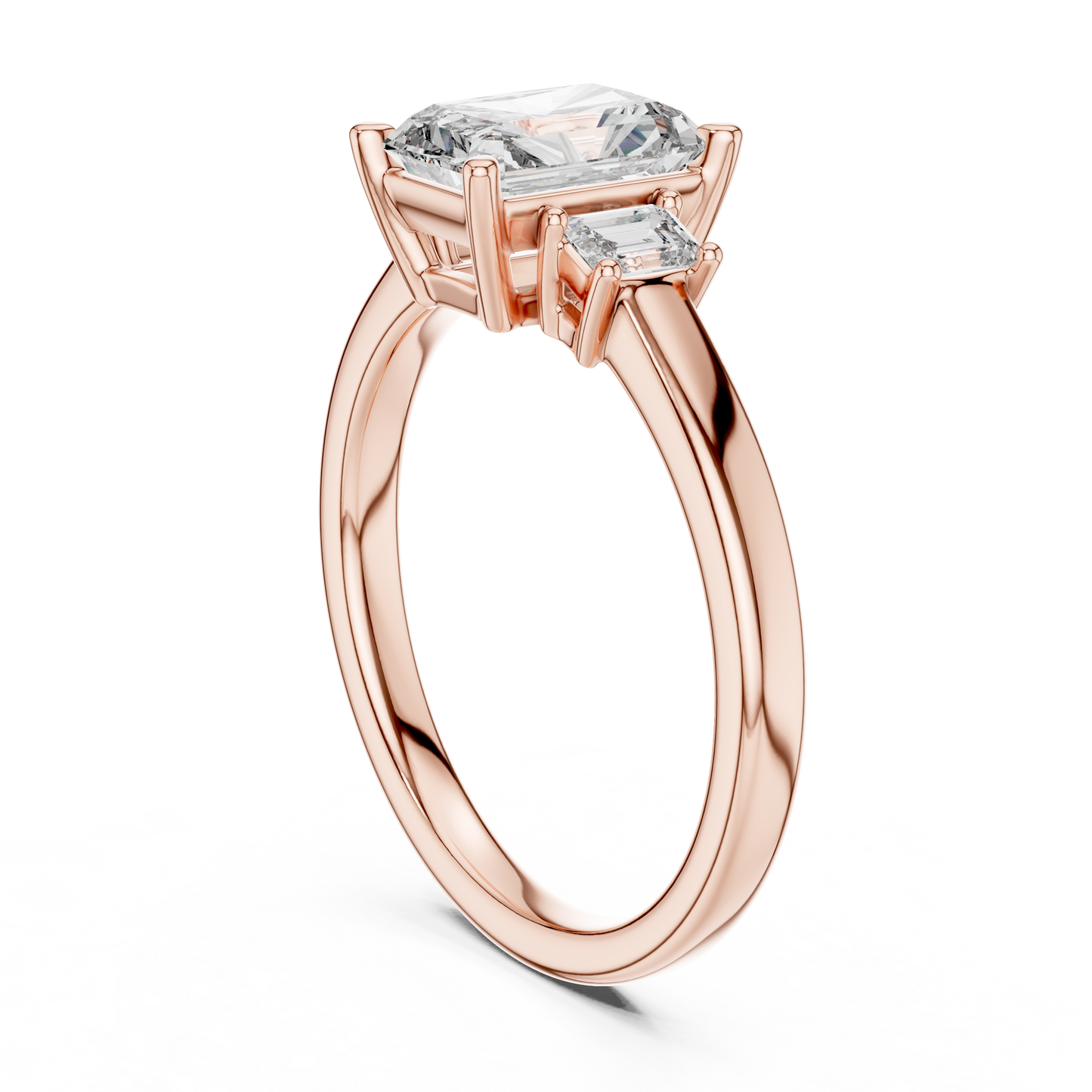 1.50Ct Radiant Three-Stone Engagement Ring • Emerald Side Stones • Rose Gold Dainty Diamond Ring