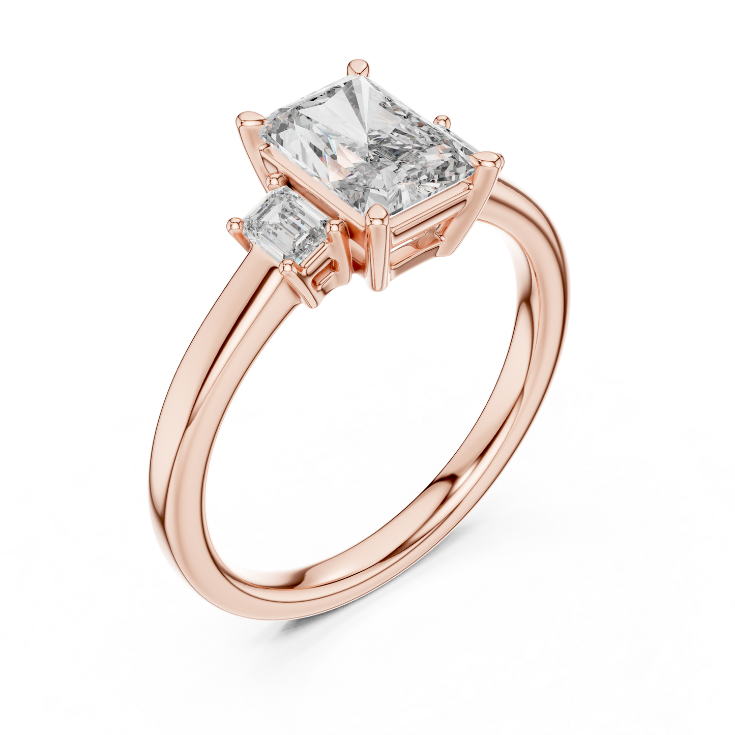 1.50Ct Radiant Three-Stone Engagement Ring • Emerald Side Stones • Rose Gold Dainty Diamond Ring
