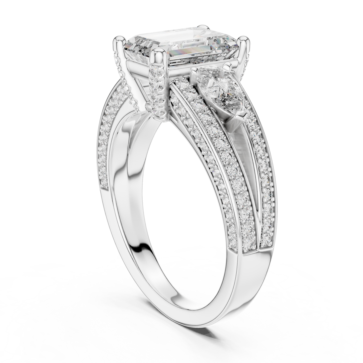 2.00CtAureliaTriSplit™ Emerald Cut Ring — Royal Marquise Duo • Micro-Pavé Shine