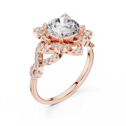 1.5Ct Blossom Halo Ring • Diamond Lotus Style Setting • Romantic Engage Ring • UniqueHandmade jewelry