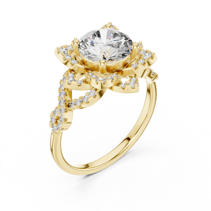 1.5Ct Blossom Halo Ring • Diamond Lotus Style Setting • Romantic Engage Ring • UniqueHandmade jewelry