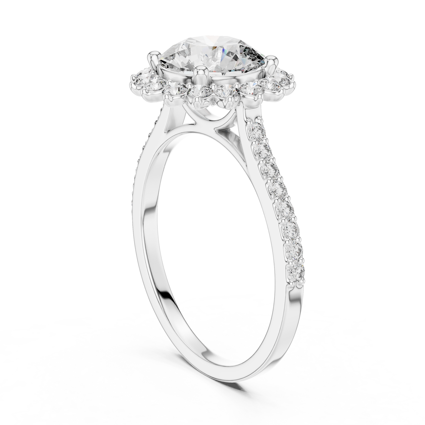 1.5Ct Classic Halo Engagement Ring • Round Cut Center •  Pave Band style • Sparkling Bridal Design