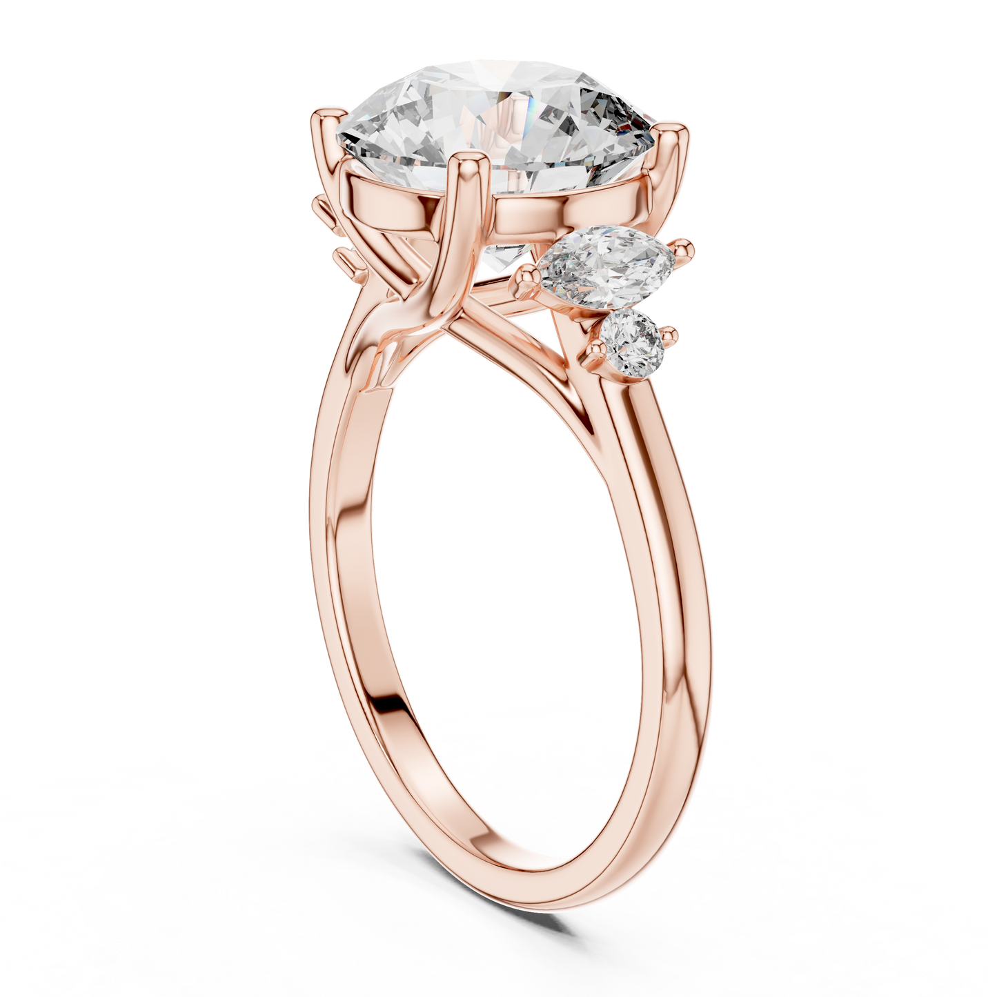 3.50Ct. Designer Floral Trio Ring • Round Centerpiece with Marquise Side Diamonds • Luxury Proposal Ring