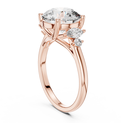 3.50Ct. Designer Floral Trio Ring • Round Centerpiece with Marquise Side Diamonds • Luxury Proposal Ring
