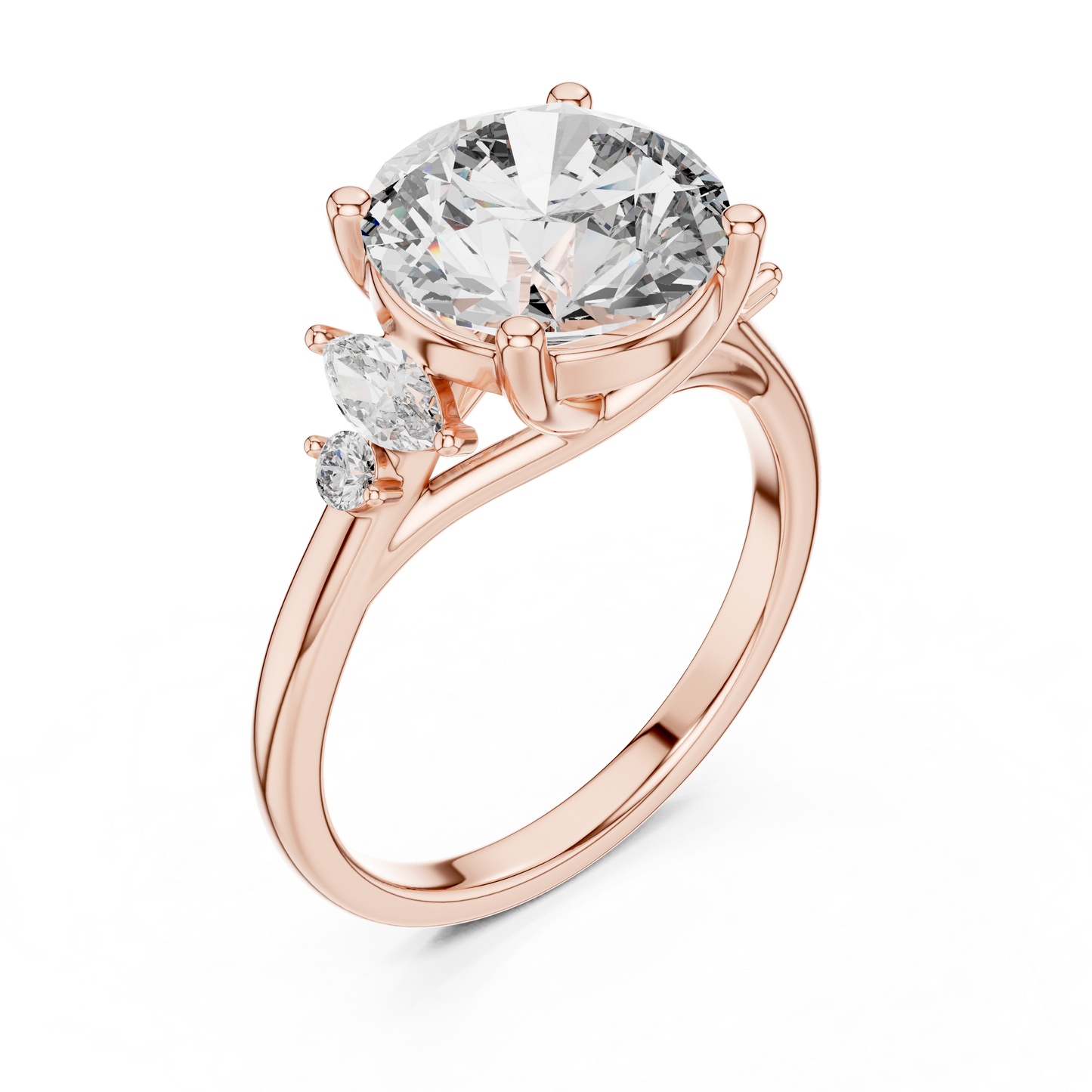 3.50Ct. Designer Floral Trio Ring • Round Centerpiece with Marquise Side Diamonds • Luxury Proposal Ring