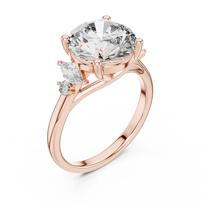 3.50Ct. Designer Floral Trio Ring • Round Centerpiece with Marquise Side Diamonds • Luxury Proposal Ring