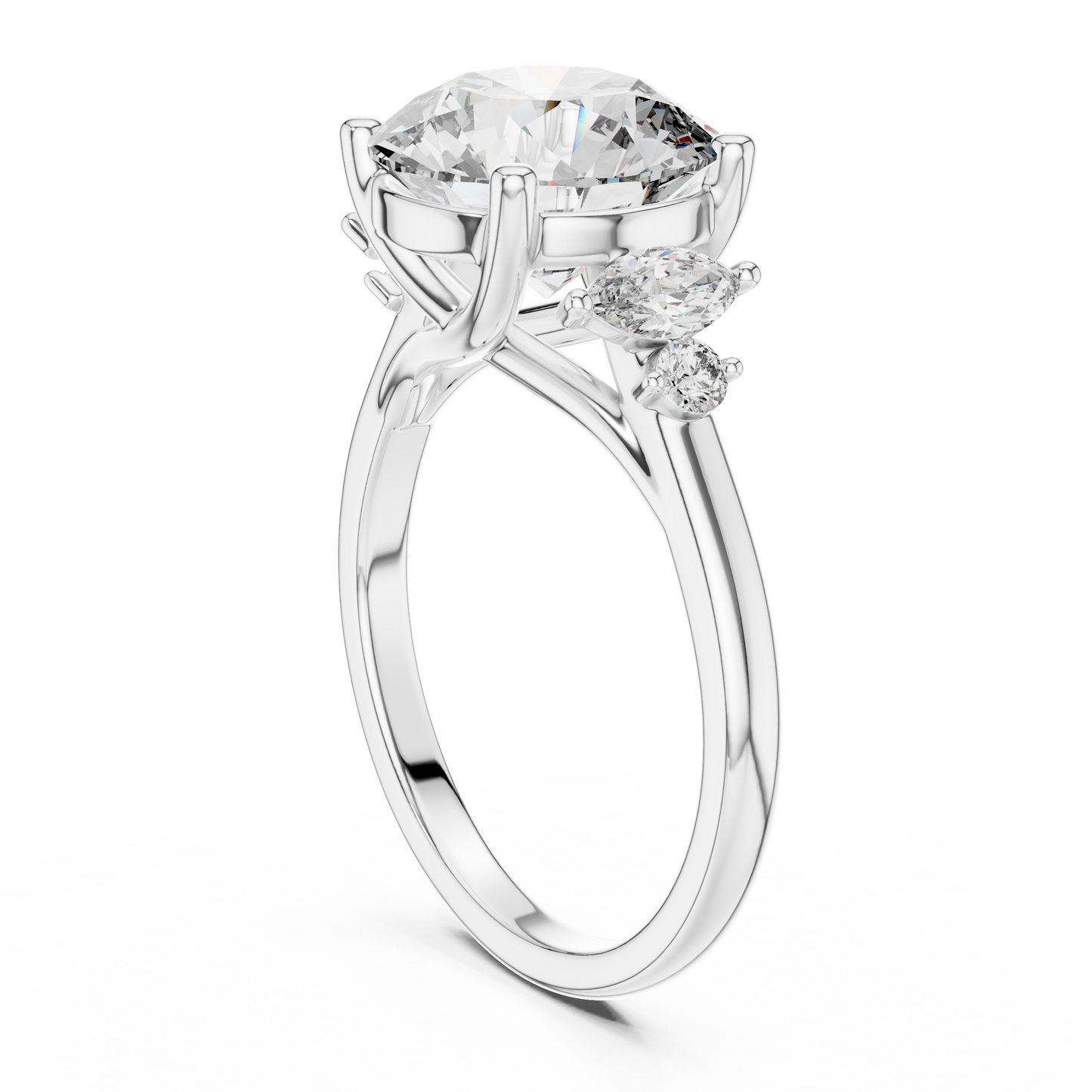 3.50Ct. Designer Floral Trio Ring • Round Centerpiece with Marquise Side Diamonds • Luxury Proposal Ring