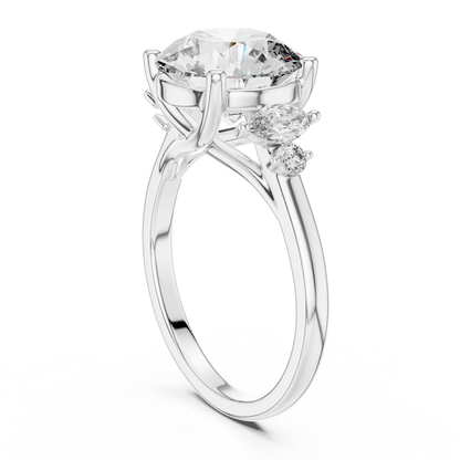 3.50Ct. Designer Floral Trio Ring • Round Centerpiece with Marquise Side Diamonds • Luxury Proposal Ring