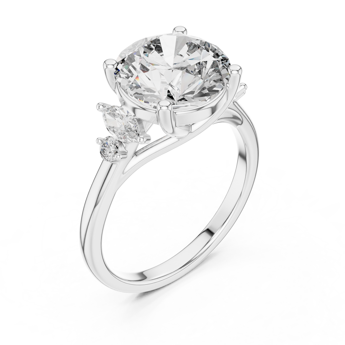 3.50Ct. Designer Floral Trio Ring • Round Centerpiece with Marquise Side Diamonds • Luxury Proposal Ring