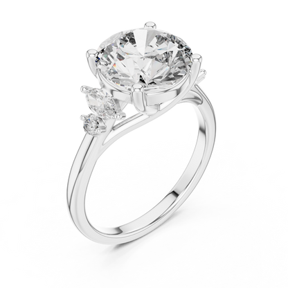 3.50Ct. Designer Floral Trio Ring • Round Centerpiece with Marquise Side Diamonds • Luxury Proposal Ring