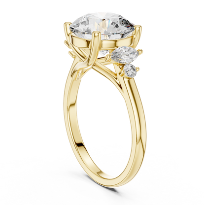 3.50Ct. Designer Floral Trio Ring • Round Centerpiece with Marquise Side Diamonds • Luxury Proposal Ring