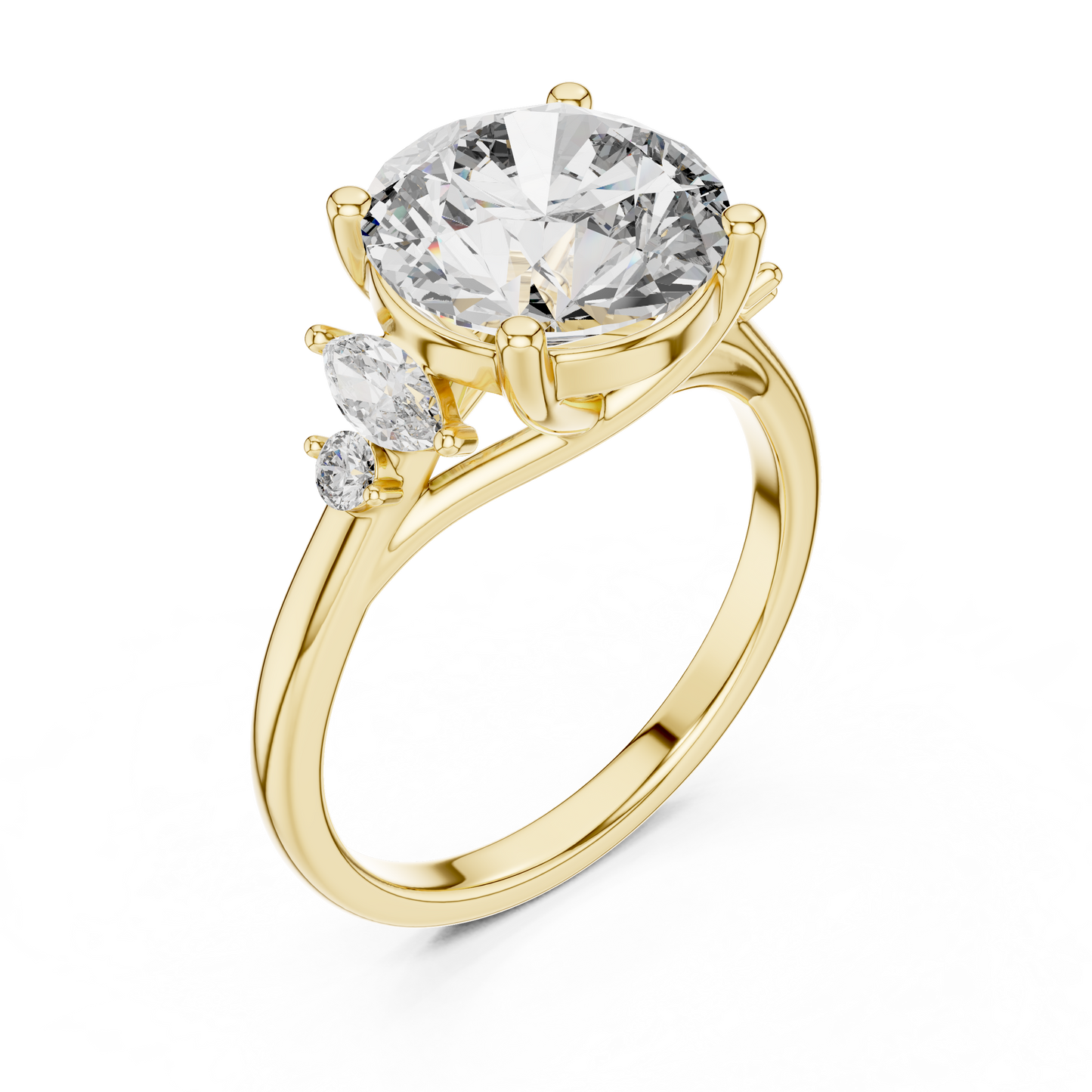3.50Ct. Designer Floral Trio Ring • Round Centerpiece with Marquise Side Diamonds • Luxury Proposal Ring