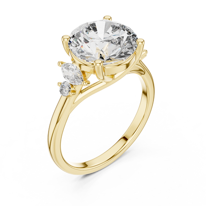 3.50Ct. Designer Floral Trio Ring • Round Centerpiece with Marquise Side Diamonds • Luxury Proposal Ring