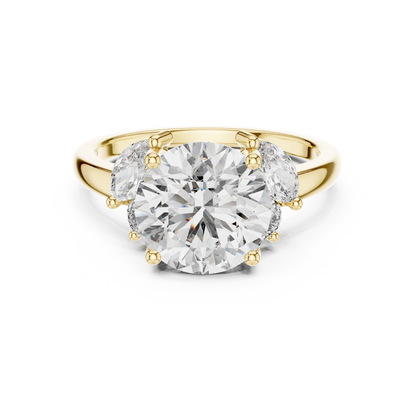 3.00Ct Round  Dynasty Three-Stone Diamond Ring • marquise Cluster Side Stones • Timeless Gold Engagement Beauty