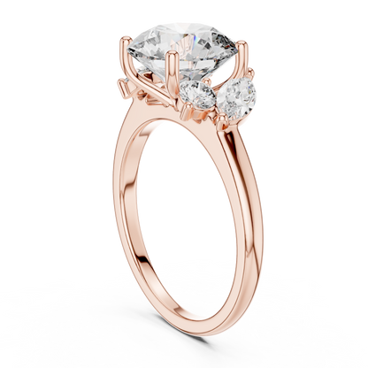 3.00Ct Round  Dynasty Three-Stone Diamond Ring • marquise Cluster Side Stones • Timeless Gold Engagement Beauty