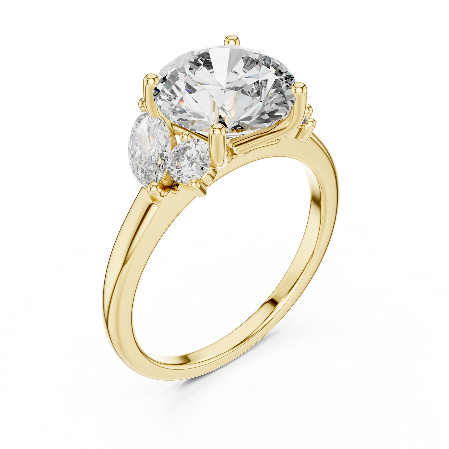 3.00Ct Round  Dynasty Three-Stone Diamond Ring • marquise Cluster Side Stones • Timeless Gold Engagement Beauty