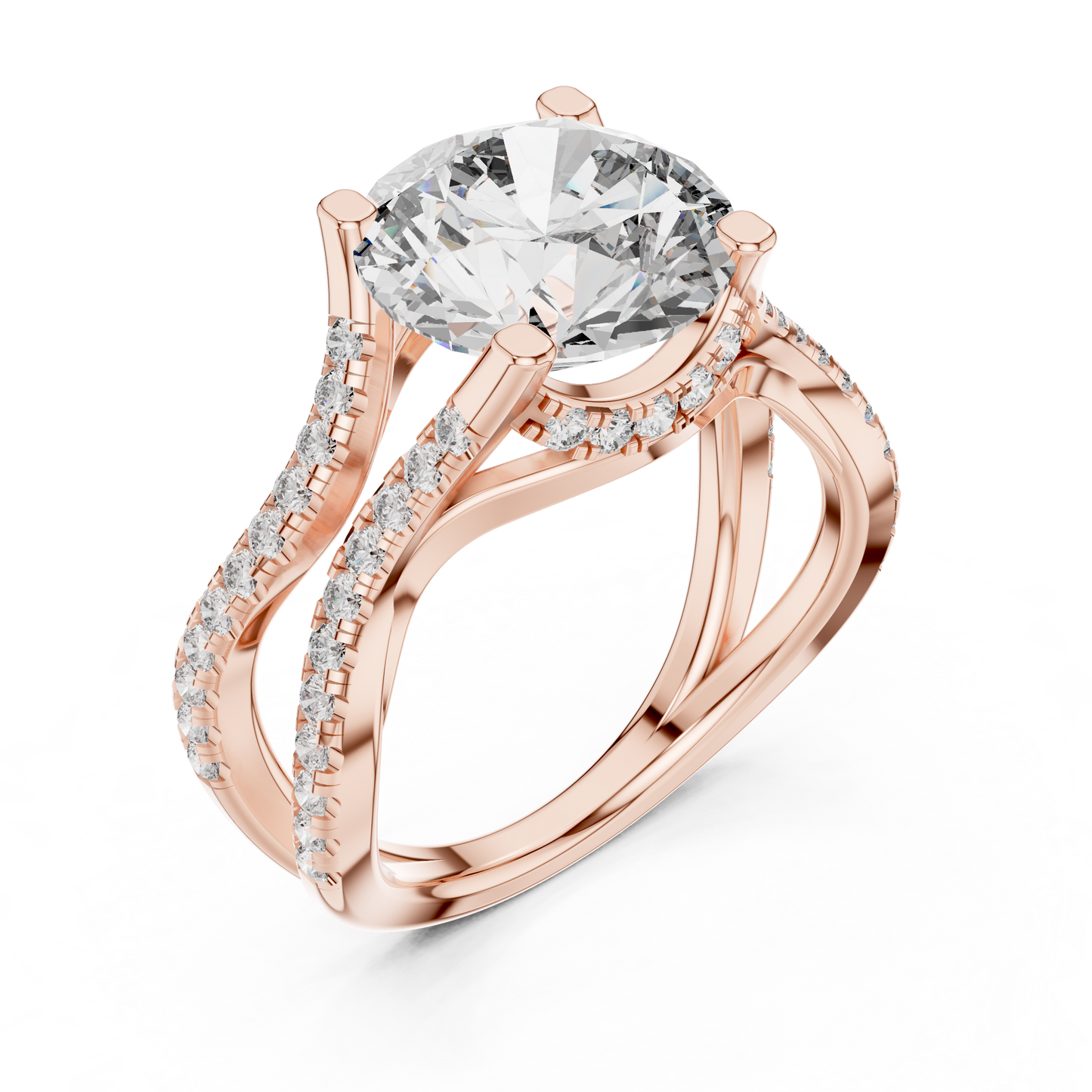 3.35Ct Ophelia Round DuskWave Ring — Dramatic Split Band • Diamond Curve Halo • Gift For Her