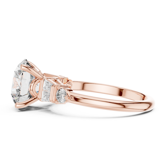 2.80Ct Bellamira Round Baguette Crown Ring – Modern Three-Stone • Designer Engagement Setting
