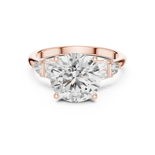 2.80Ct Bellamira Round Baguette Crown Ring – Modern Three-Stone • Designer Engagement Setting
