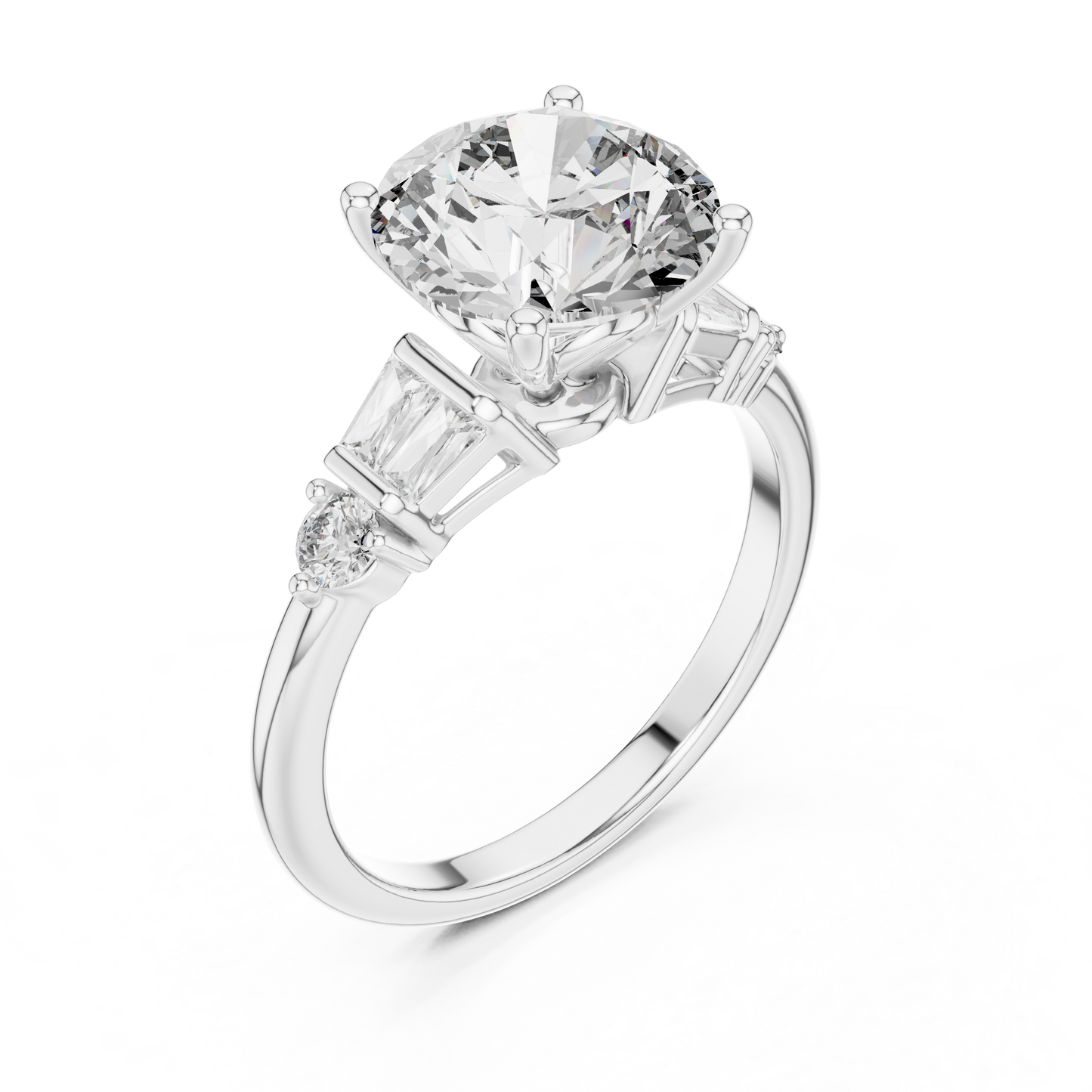 2.80Ct Bellamira Round Baguette Crown Ring – Modern Three-Stone • Designer Engagement Setting