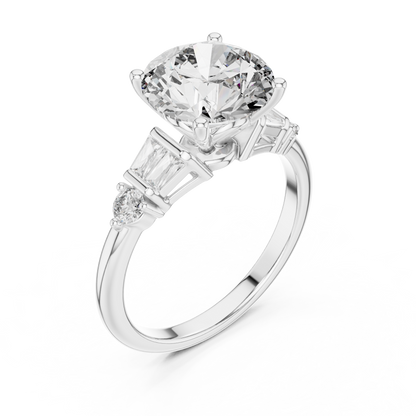 2.80Ct Bellamira Round Baguette Crown Ring – Modern Three-Stone • Designer Engagement Setting