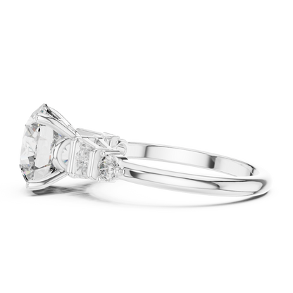 2.80Ct Bellamira Round Baguette Crown Ring – Modern Three-Stone • Designer Engagement Setting