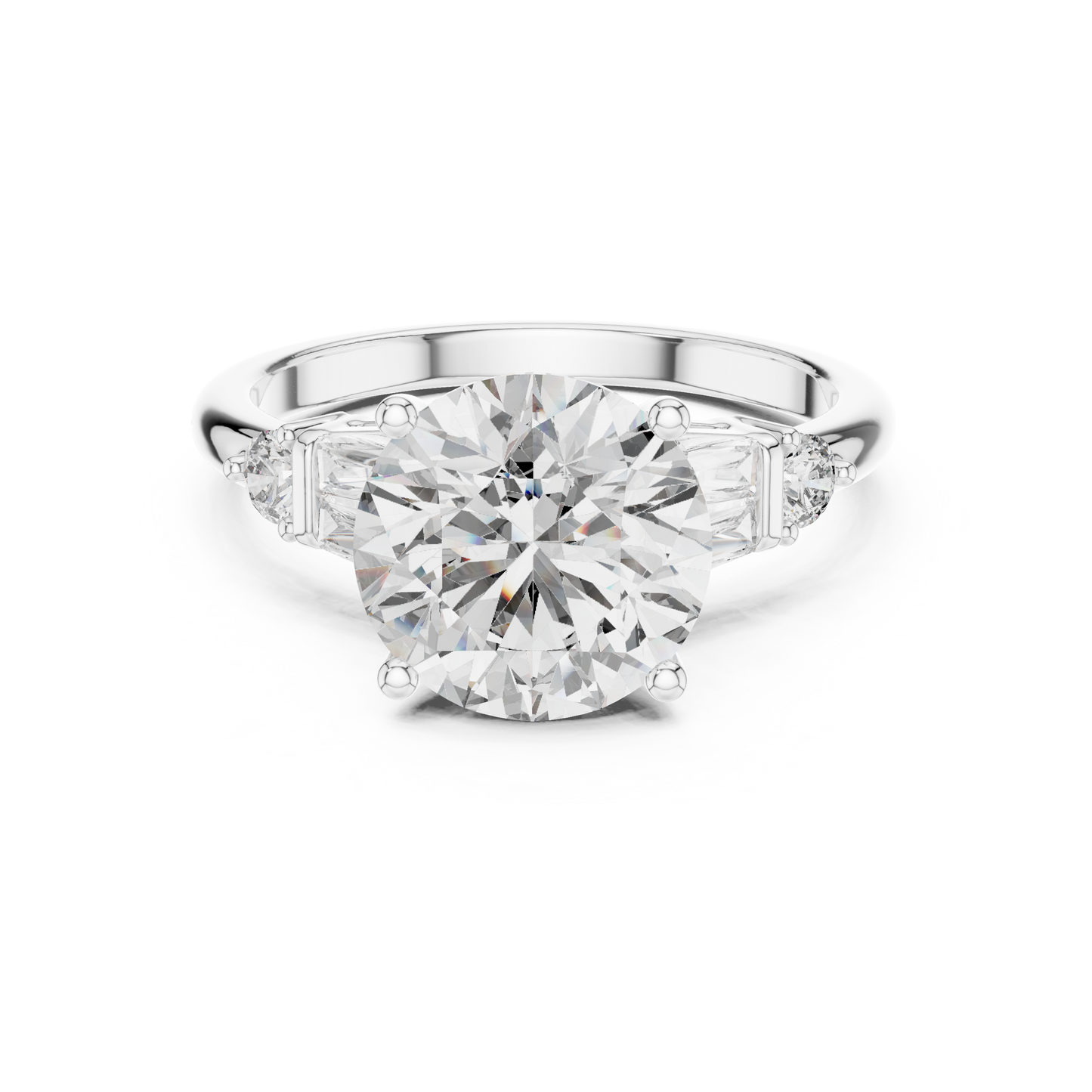 2.80Ct Bellamira Round Baguette Crown Ring – Modern Three-Stone • Designer Engagement Setting