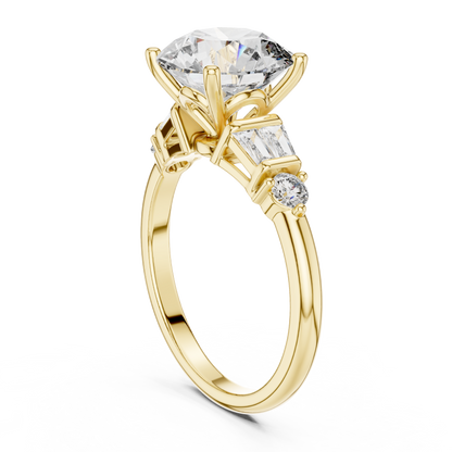 2.80Ct Bellamira Round Baguette Crown Ring – Modern Three-Stone • Designer Engagement Setting