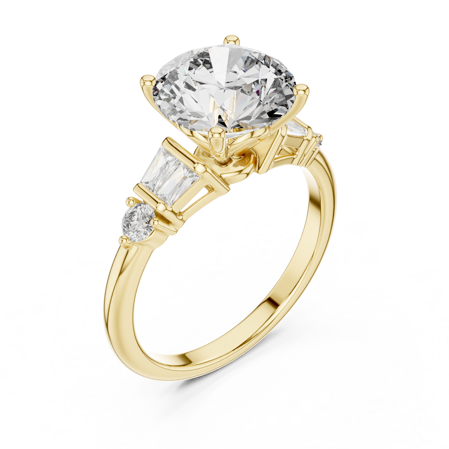 2.80Ct Bellamira Round Baguette Crown Ring – Modern Three-Stone • Designer Engagement Setting