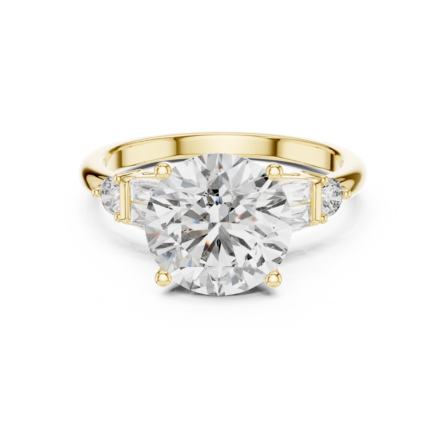 2.80Ct Bellamira Round Baguette Crown Ring – Modern Three-Stone • Designer Engagement Setting