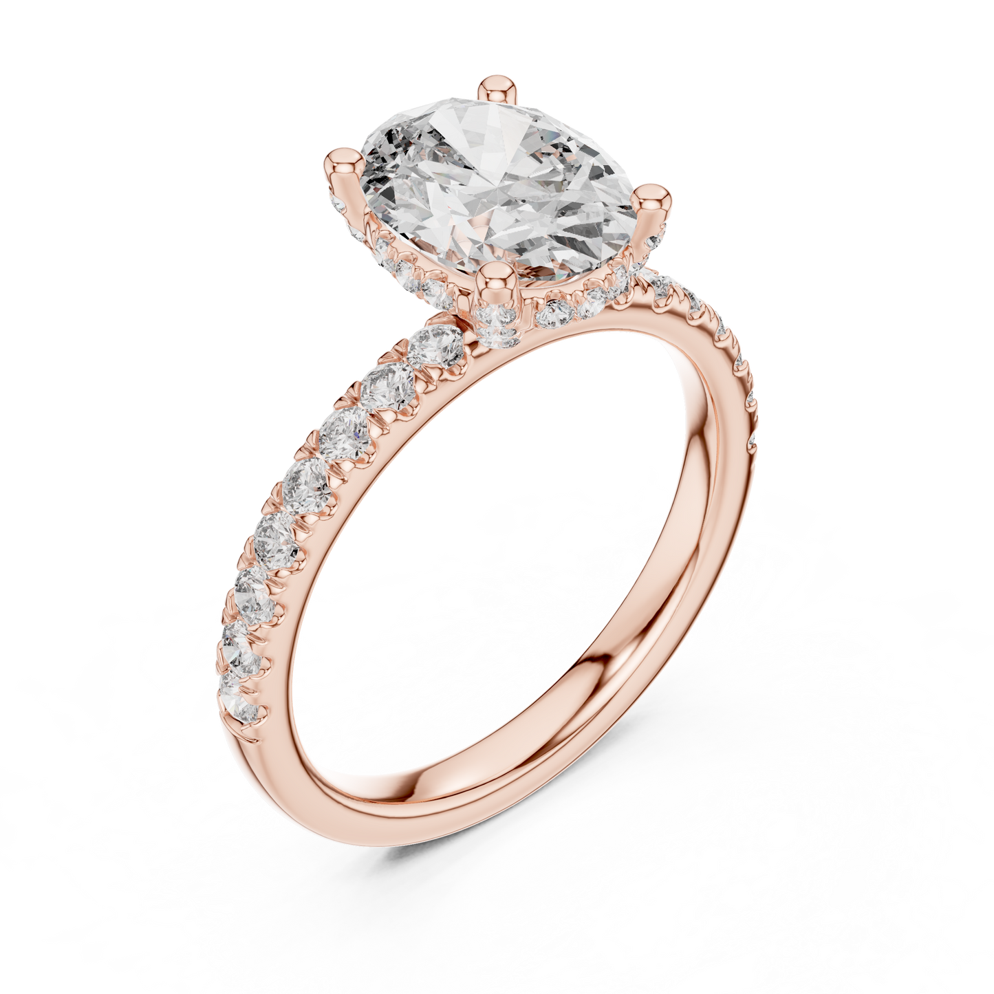 2.00Ct Oval Lifted Solitaire with Diamond Under-Halo • Pavé Band • Modern Proposal Ring
