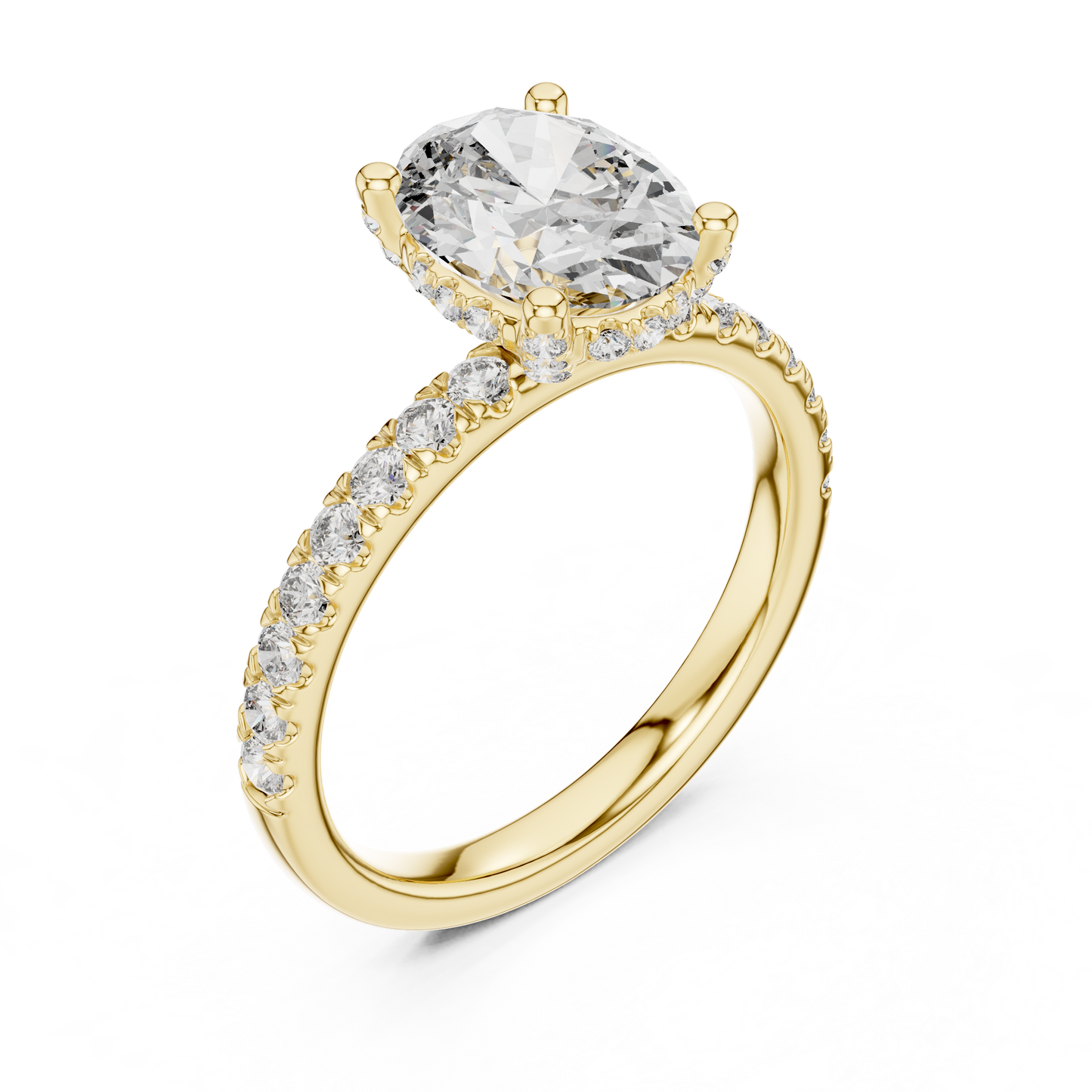 2.00Ct Oval Lifted Solitaire with Diamond Under-Halo • Pavé Band • Modern Proposal Ring
