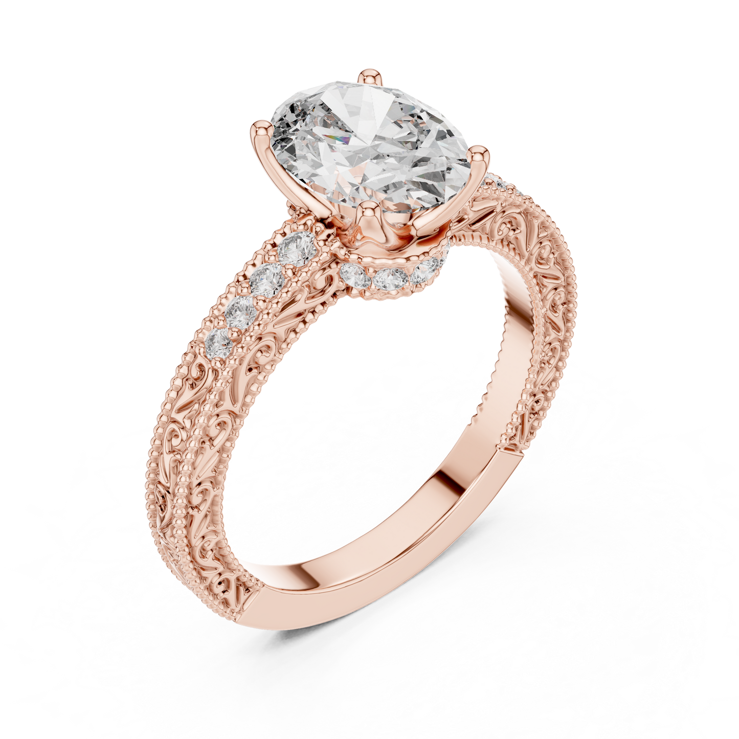 2.00CtAntique Style Oval Engagement Ring • Filigree Scroll Band • Dainty Pave Diamonds • Timeless Heirloom Design