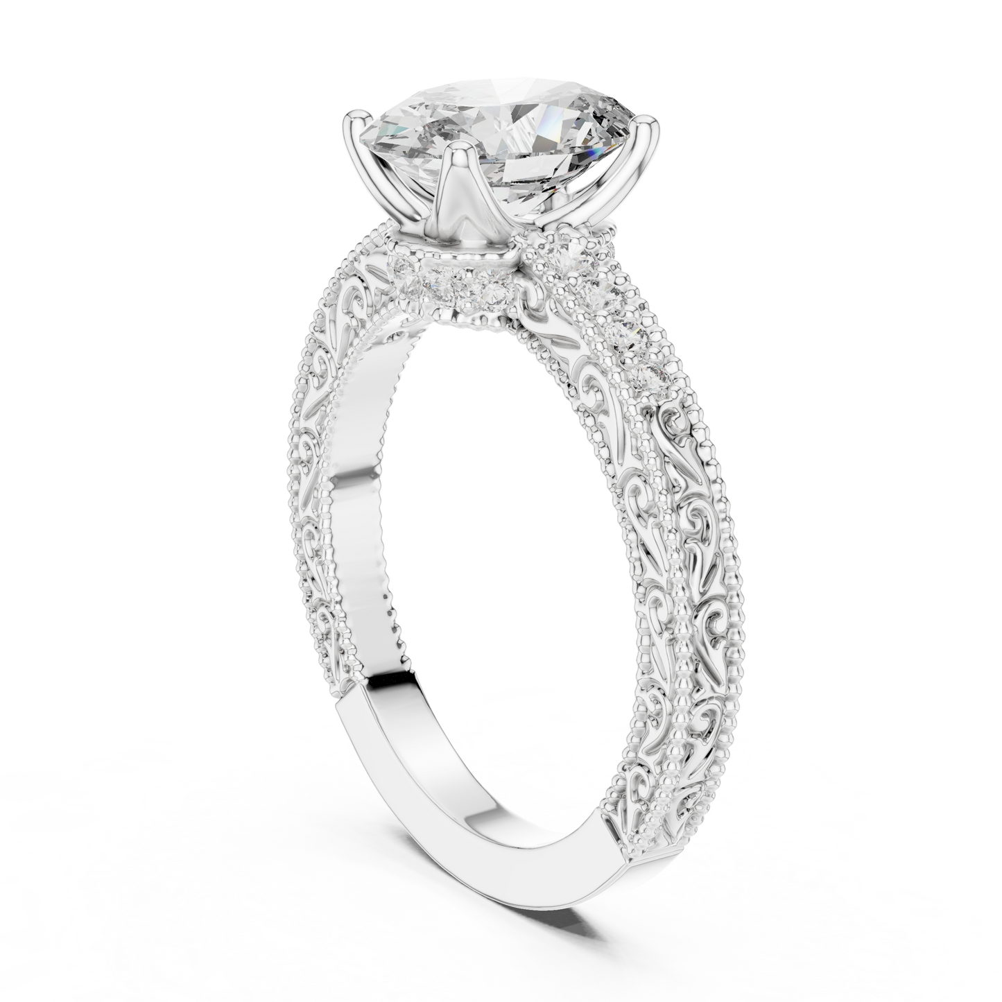 2.00CtAntique Style Oval Engagement Ring • Filigree Scroll Band • Dainty Pave Diamonds • Timeless Heirloom Design