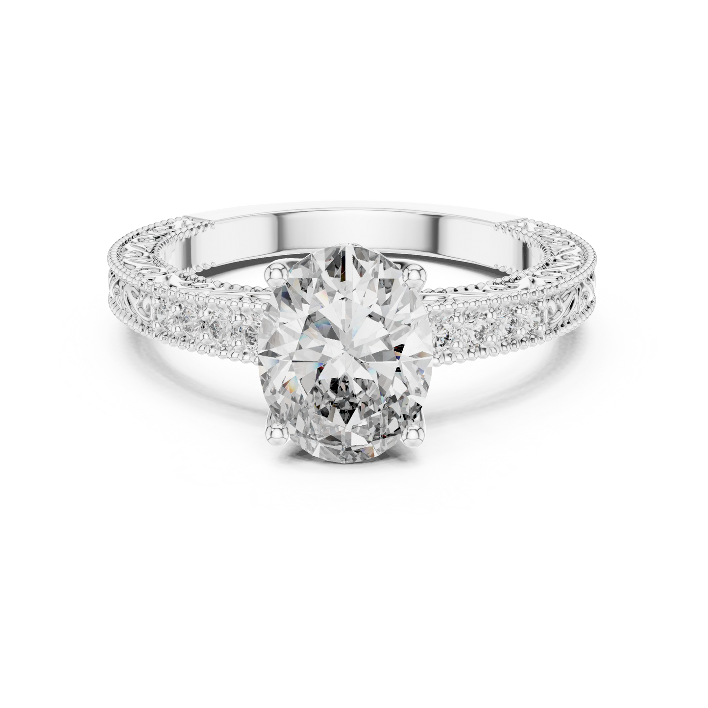 2.00CtAntique Style Oval Engagement Ring • Filigree Scroll Band • Dainty Pave Diamonds • Timeless Heirloom Design