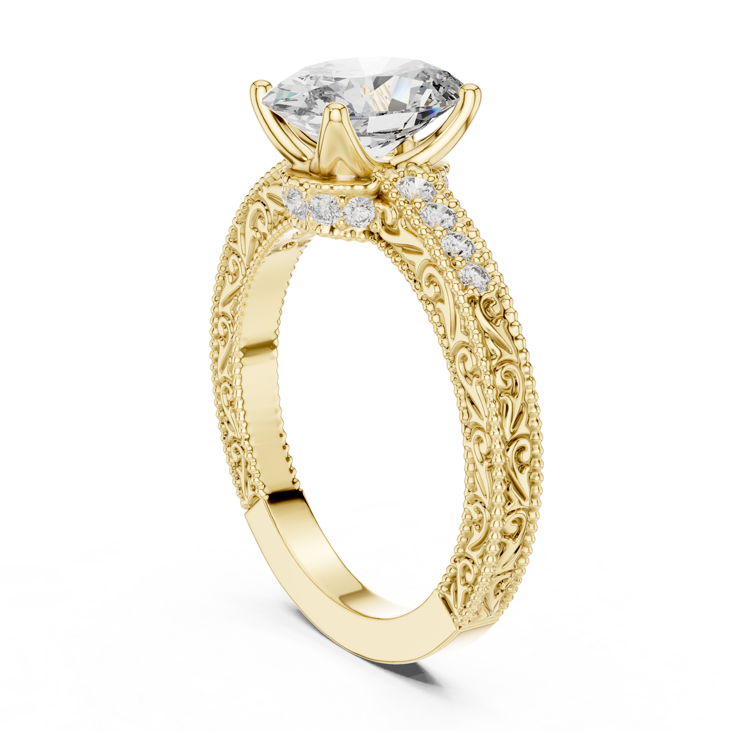 2.00CtAntique Style Oval Engagement Ring • Filigree Scroll Band • Dainty Pave Diamonds • Timeless Heirloom Design