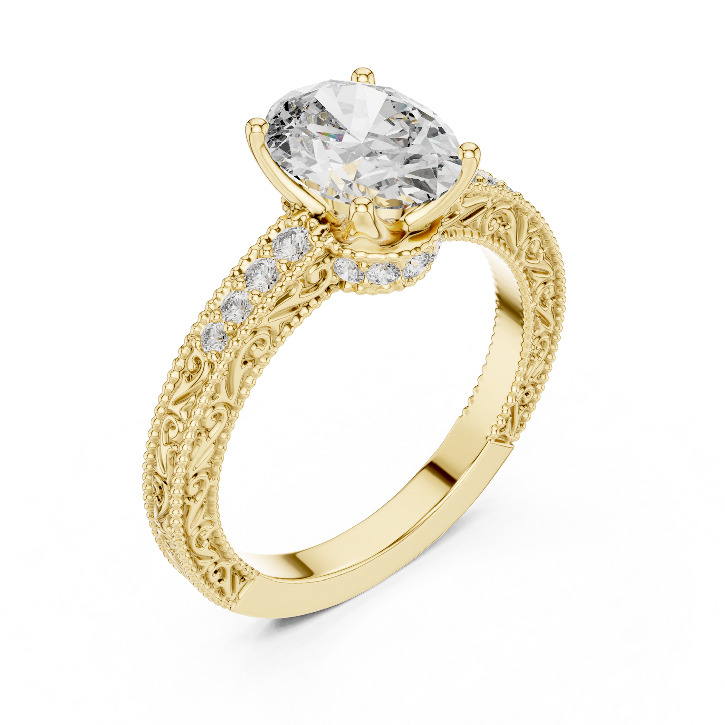 2.00CtAntique Style Oval Engagement Ring • Filigree Scroll Band • Dainty Pave Diamonds • Timeless Heirloom Design