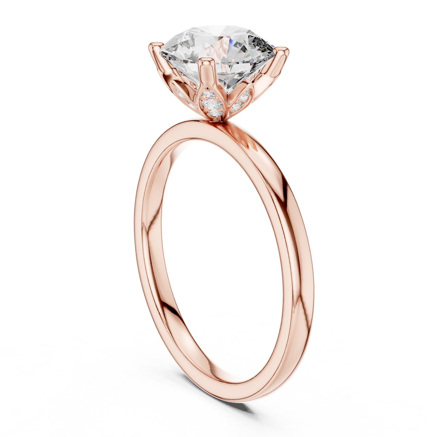 2.00CtSeraphic Petal Solitaire – Ethereal Round Lab Diamond, Hidden Floral Basket, Luxury Gold Engagement Ring