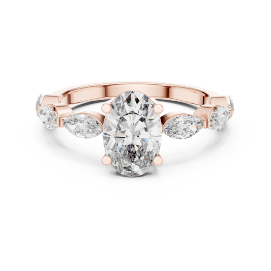 1.00CtCelestial Oval Engagement Ring with Marquise Rays–Moissanite Diamond Silver Band–Modern Bridal Jewelry