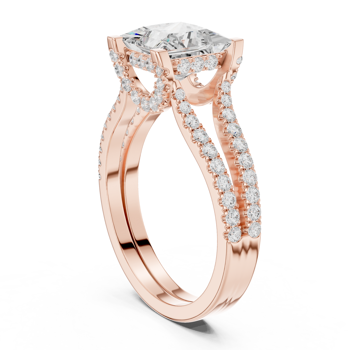 1.50CtPrincess Cut Solitaire Bridal Set • Elegant Split Shank Diamond Ring • Hidden Halo Engagement Ring