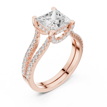 1.50CtPrincess Cut Solitaire Bridal Set • Elegant Split Shank Diamond Ring • Hidden Halo Engagement Ring