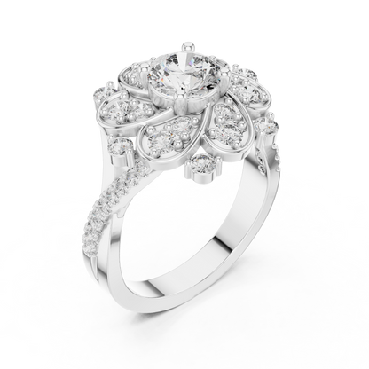 0.85Ct Victorian Inspired Flower Ring • Round Moissanite Diamond Halo • Elegant Vintage Engagement Ring