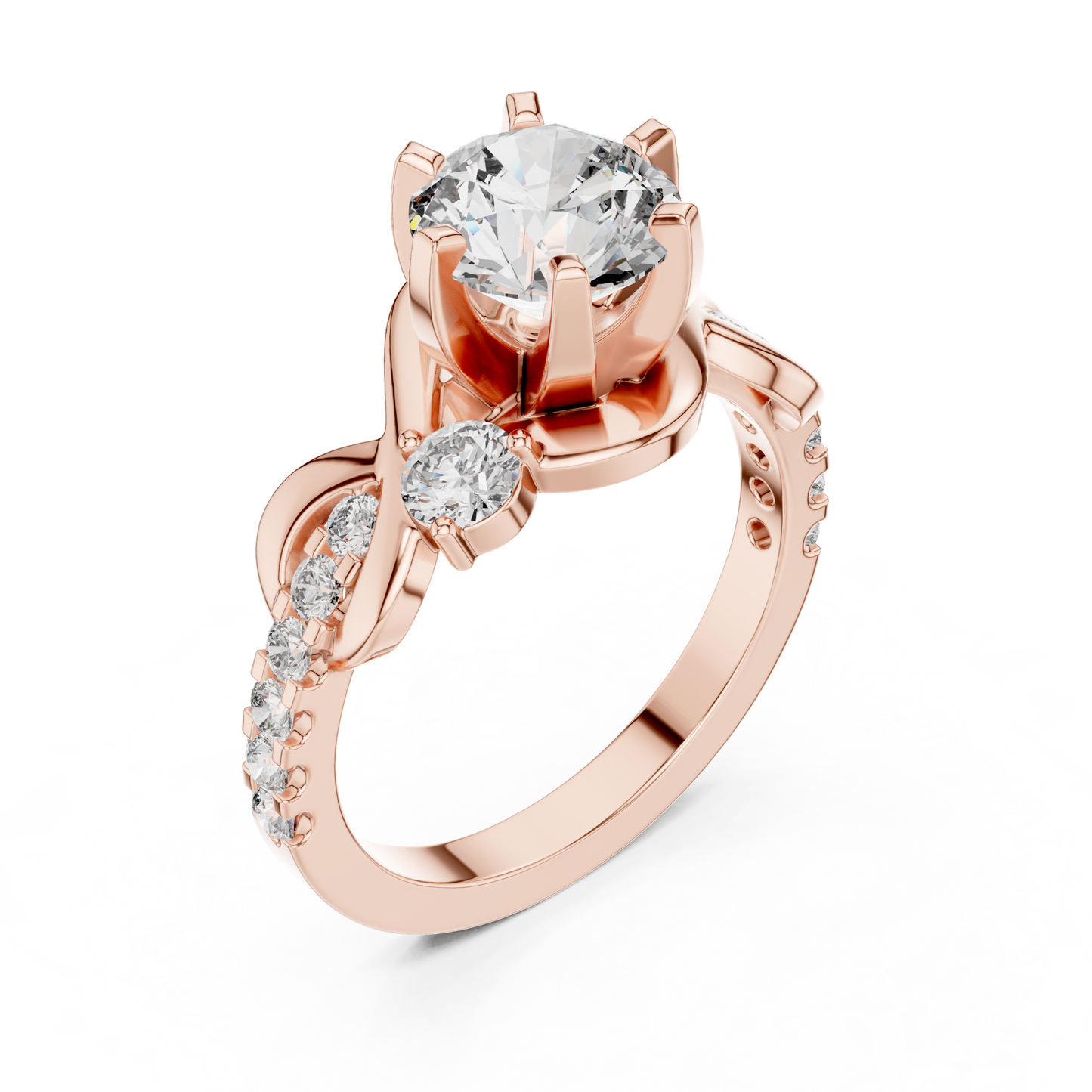 1.48Ct Intertwined Shank Bridal Ring • Classic Round Solitaire with Side Stones • Modern Gold Setting