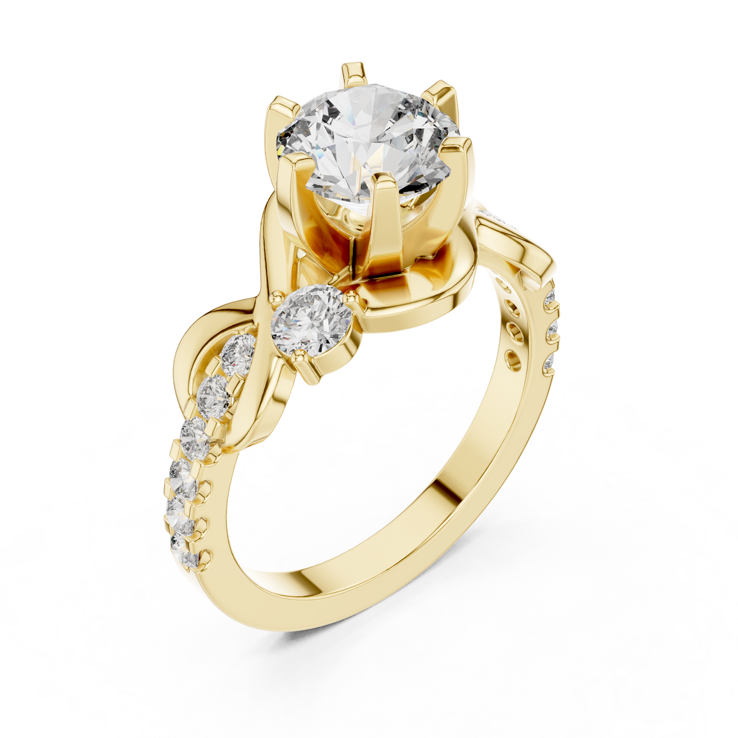 1.48Ct Intertwined Shank Bridal Ring • Classic Round Solitaire with Side Stones • Modern Gold Setting