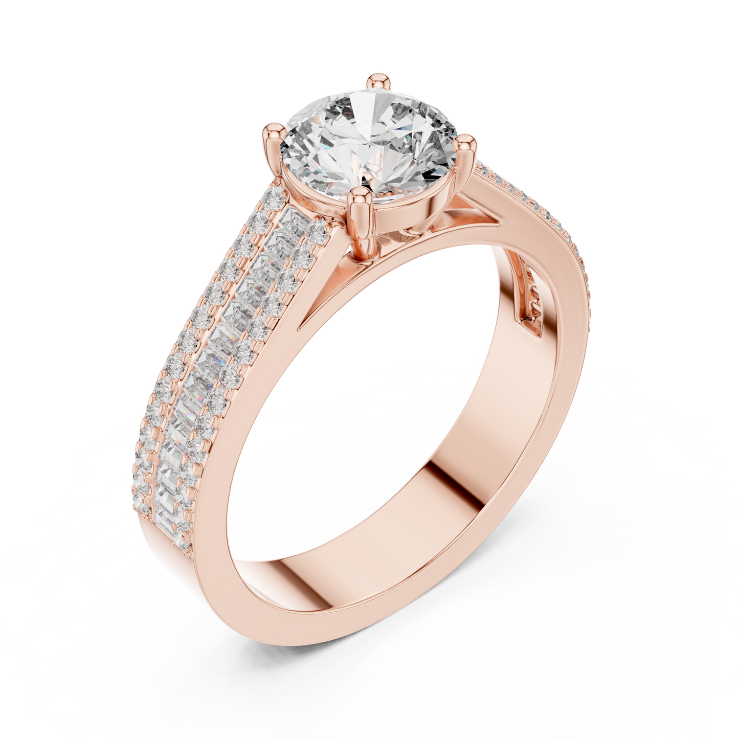 1.00CtLuxury Round Solitaire Baguette Band Ring • Bold Engagement Ring for Women • Unique Bridal Jewelry