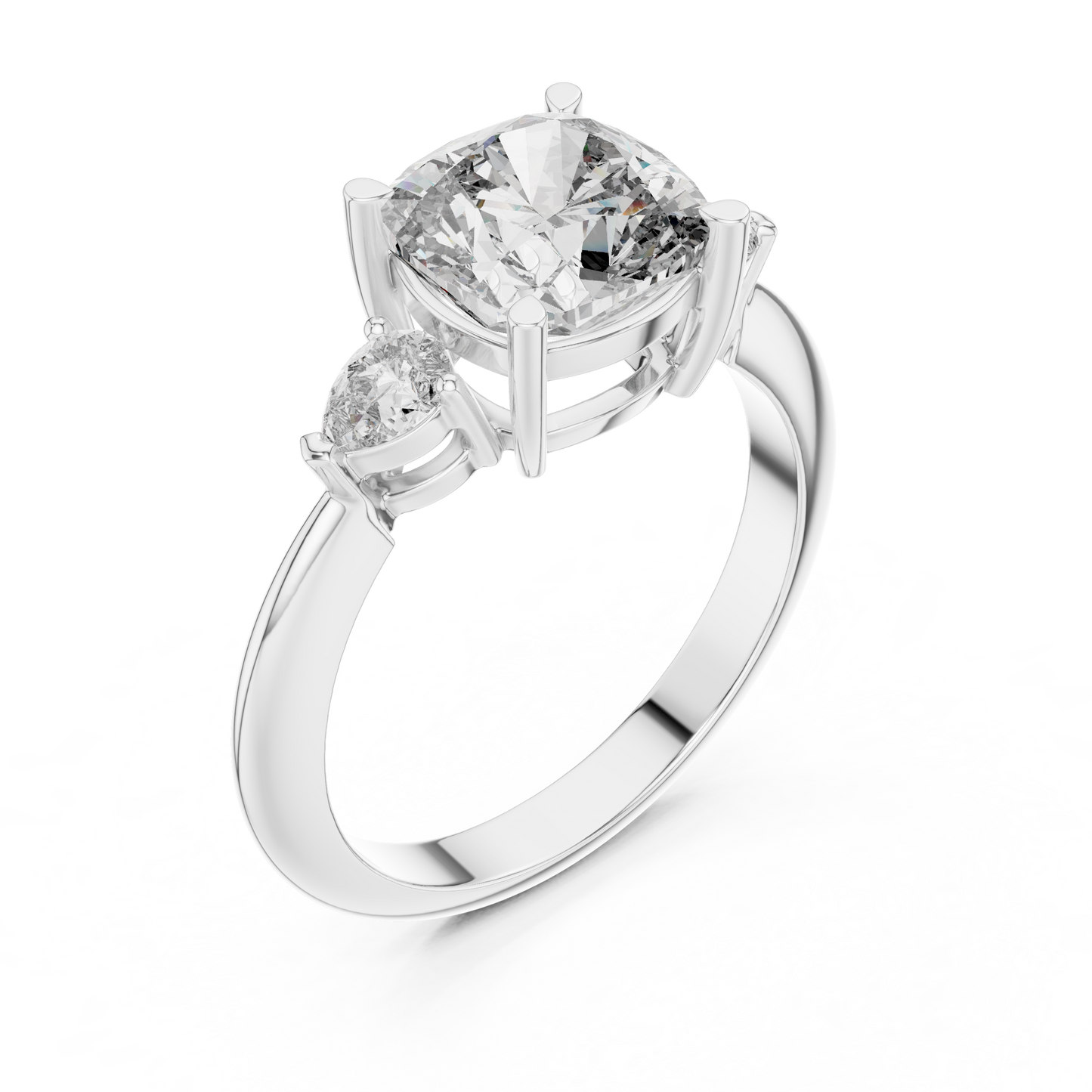 2.20CtCushion Cut Engagement Ring with Pear Side Stones • Three Stone Band • Dainty Lab-Diamond Ring