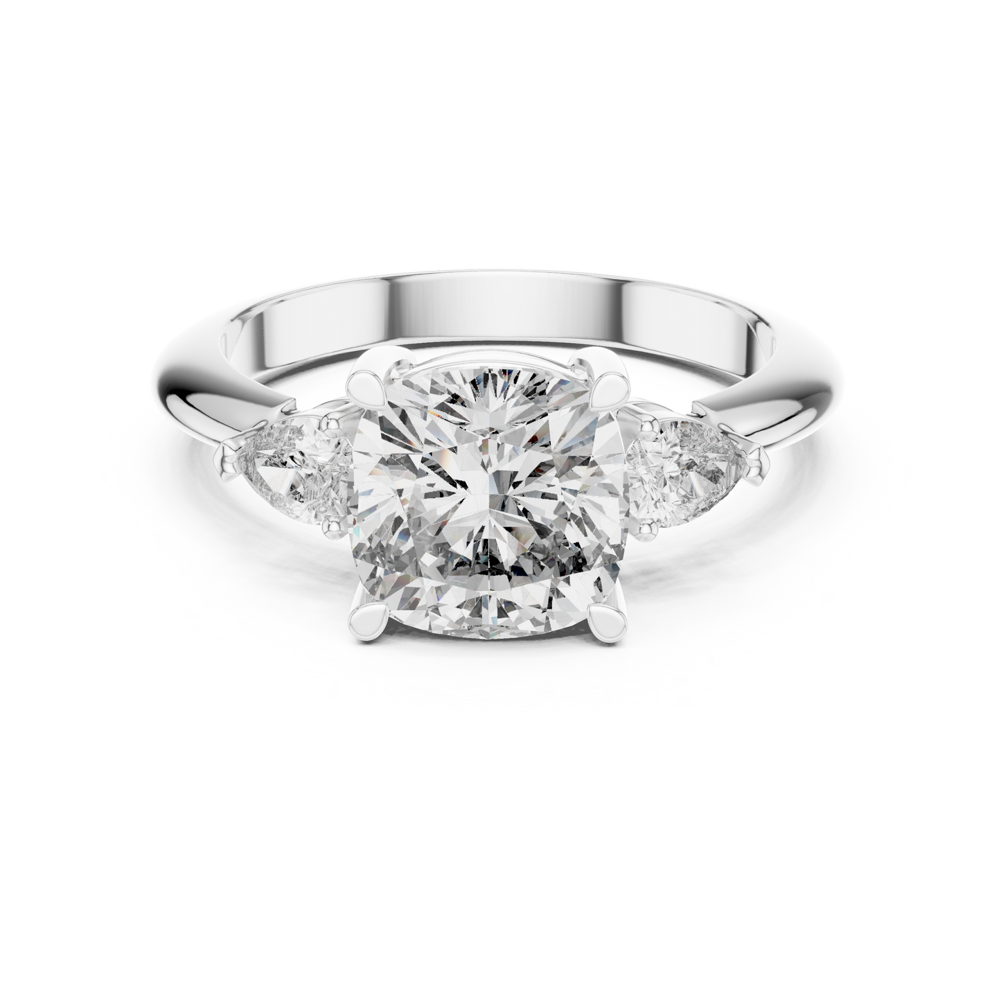 2.20CtCushion Cut Engagement Ring with Pear Side Stones • Three Stone Band • Dainty Lab-Diamond Ring