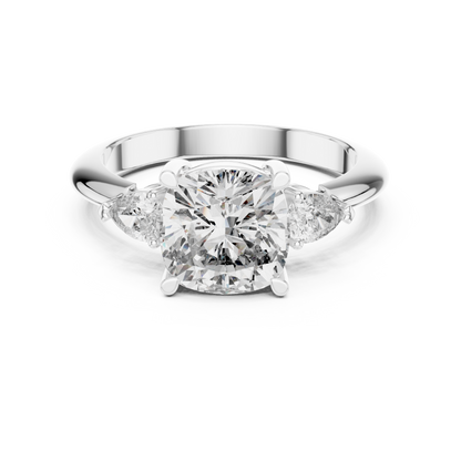 2.20CtCushion Cut Engagement Ring with Pear Side Stones • Three Stone Band • Dainty Lab-Diamond Ring