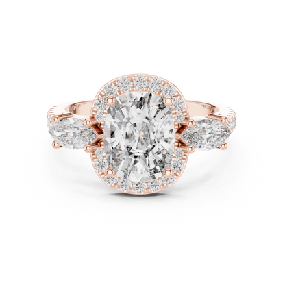 2.75Ct Romantic Cushion  Halo Ring • Marquise Trio Diamond Engagement Ring • Wedding  Gift